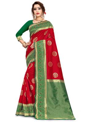 Red woven art silk saree with blouse 1
