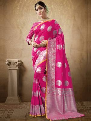 Pink woven art silk saree with blouse 1