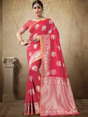 Peach woven art silk saree with blouse 1