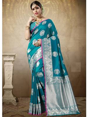 turquoise woven art silk saree with blouse 1