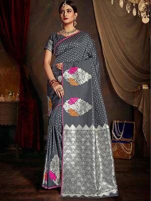 Grey woven art silk saree with blouse 1