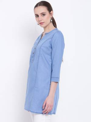 Blue plain cotton kurtas-and-kurtis 3