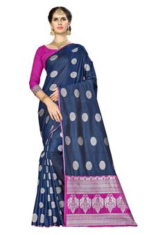 Navy Blue Woven  Art Silk Saree With Blouse