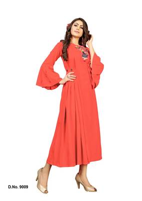 Orange embroidered rayon heavy-work-kurtis 1