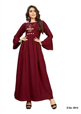 Maroon embroidered rayon long-kurtis 1