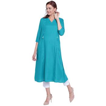 Turquoise plain rayon kurtas-and-kurtis 1