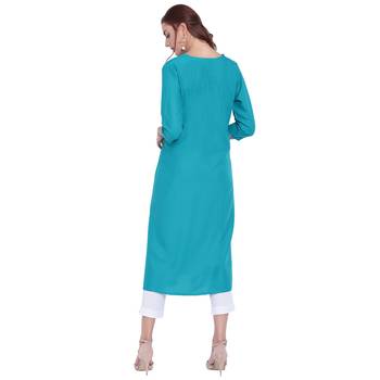 Turquoise plain rayon kurtas-and-kurtis 2