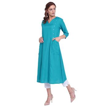 Turquoise plain rayon kurtas-and-kurtis 3