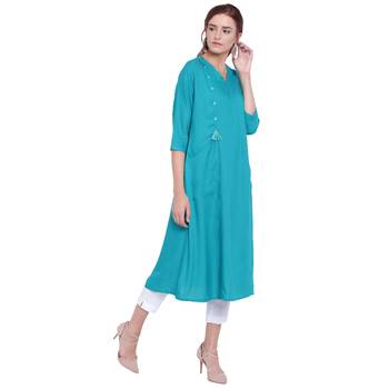 Turquoise plain rayon kurtas-and-kurtis 4