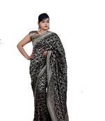 Black hand woven pure chiffon saree with blouse