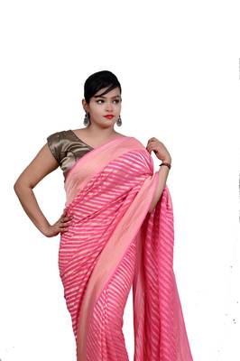 Pink hand woven pure chiffon saree with blouse 2