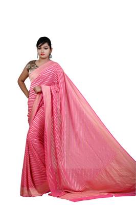 Pink hand woven pure chiffon saree with blouse 3