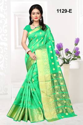 Green woven cotton silk saree with blouse 1