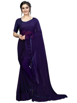 Dark blue plain georgette saree with blouse 1