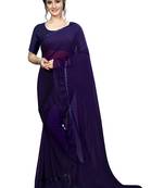 Dark blue plain georgette saree with blouse