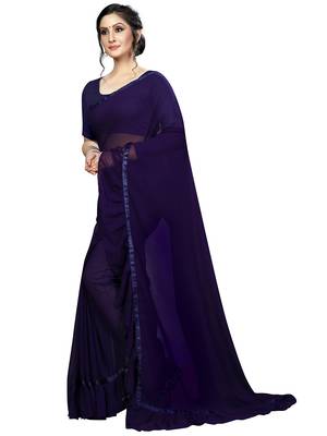 Dark blue plain georgette saree with blouse 2