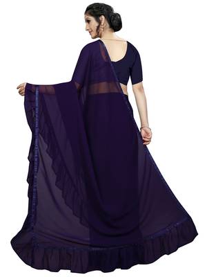 Dark blue plain georgette saree with blouse 3