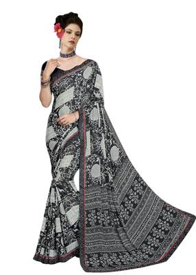 Black printed crepe saree with blouse 1