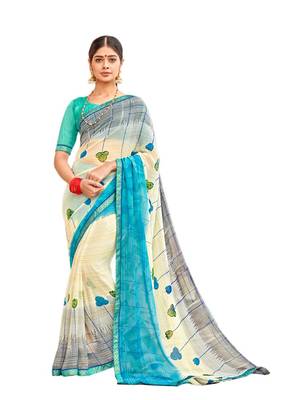 Cream printed georgette saree with blouse 1