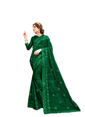 Dark green embroidered chiffon saree with blouse 1