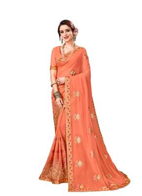 Dark peach embroidered georgette saree with blouse 1