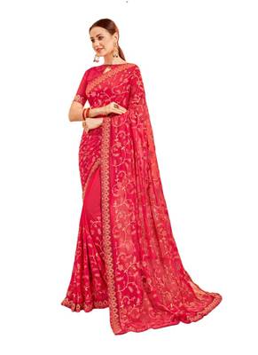 Dark pink embroidered georgette saree with blouse 1