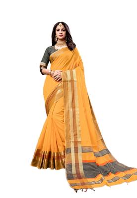 Mustard woven cotton silk saree with blouse 1