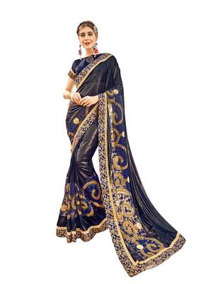 Navy blue embroidered lycra saree with blouse 1
