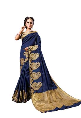 Navy blue woven cotton silk saree with blouse 1