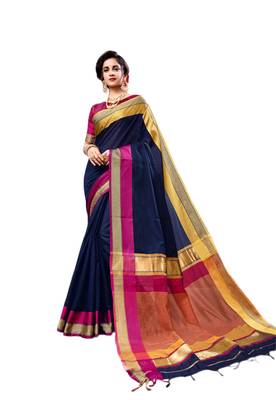 Navy blue woven cotton silk saree with blouse 1
