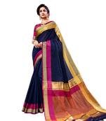 Navy blue woven cotton silk saree with blouse