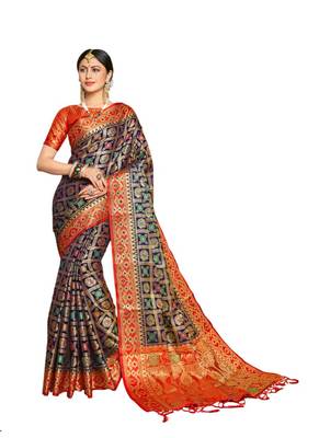 Navy blue woven art silk saree with blouse 1