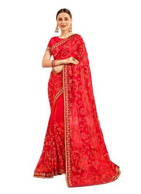 Red embroidered georgette saree with blouse 1