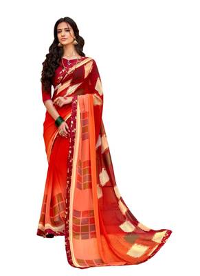 Red printed georgette saree with blouse 1