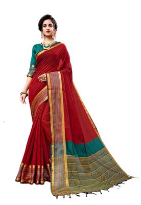 Red woven cotton silk saree with blouse 1