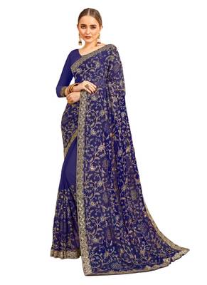 Royal blue embroidered georgette saree with blouse 1