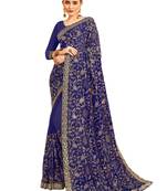 Royal blue embroidered georgette saree with blouse