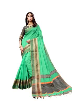 Sea green woven cotton silk saree with blouse 1