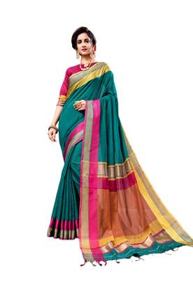 Teal woven cotton silk saree with blouse 1