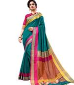 Teal woven cotton silk saree with blouse