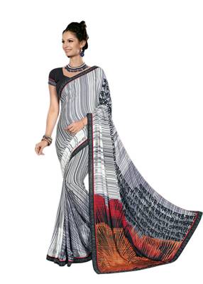White printed crepe saree with blouse 1