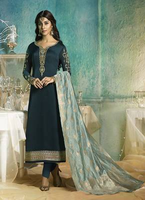 Dark-teal embroidered satin salwar 1