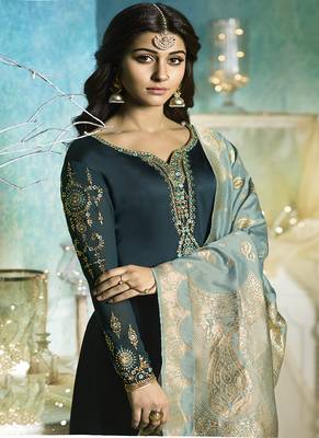 Dark-teal embroidered satin salwar 2