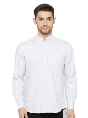 Mens Light Grey Indo Western Three Button Cotton Short Kurta 1
