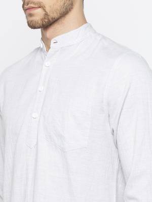 Mens Light Grey Indo Western Three Button Cotton Short Kurta 5