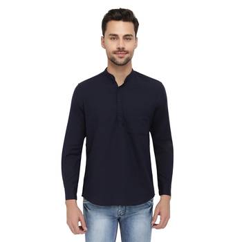Mens Navy Blue Indo Western Three Button Cotton Short Kurta 1