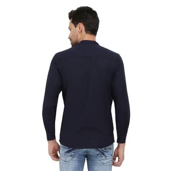 Mens Navy Blue Indo Western Three Button Cotton Short Kurta 2
