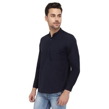 Mens Navy Blue Indo Western Three Button Cotton Short Kurta 3