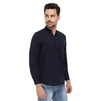 Mens Navy Blue Indo Western Three Button Cotton Short Kurta 4