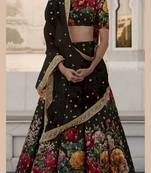 Black Embroidered Art Silk Semi Stitched Lehenga